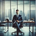DALL·E 2025-03-16 16.57.26 - A powerful and important CEO sitting at a large, modern office desk with a city skyline visible through the floor-to-ceiling windows. The CEO is dress